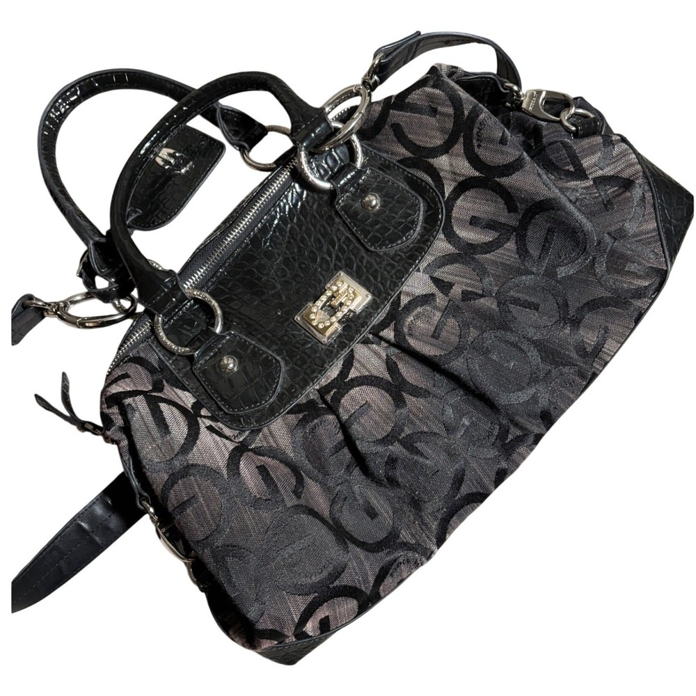 Gussaci Y2K‎ Black Jacquard Logo Satchel Handbag Faux Croc Trim Moto Whimsigoth
